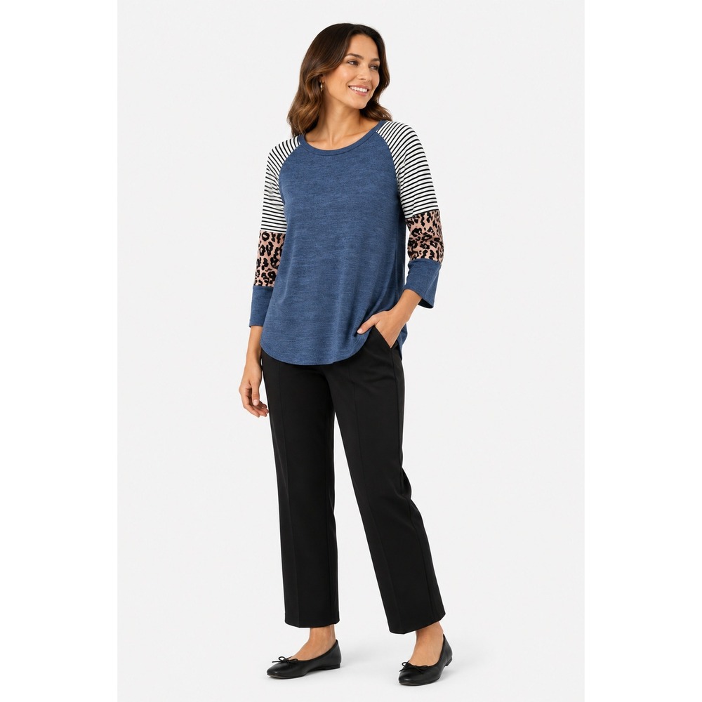 Unbranded Colorblock Leopard Stripe Top Women Size M Blue Casual Long Sleeve